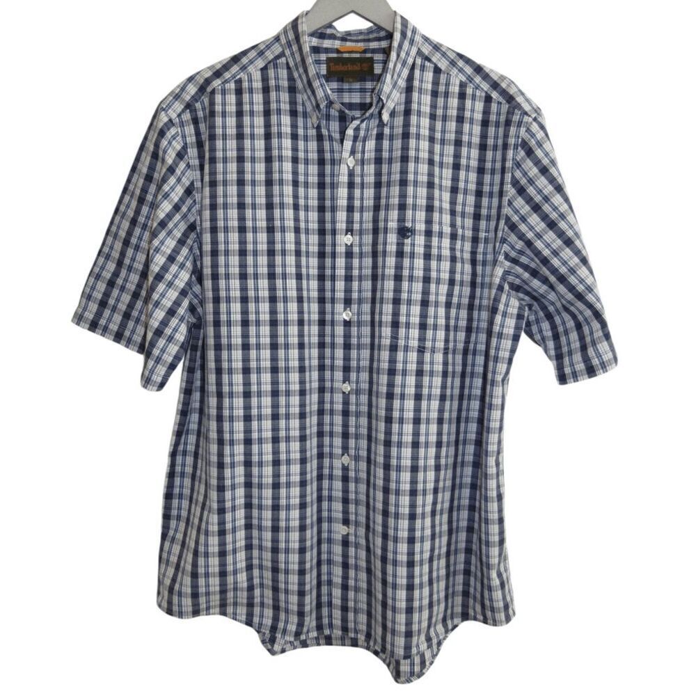 Timberland Blue & White Plaid Short Sleeve Casual Button‎ Up Shirt L
